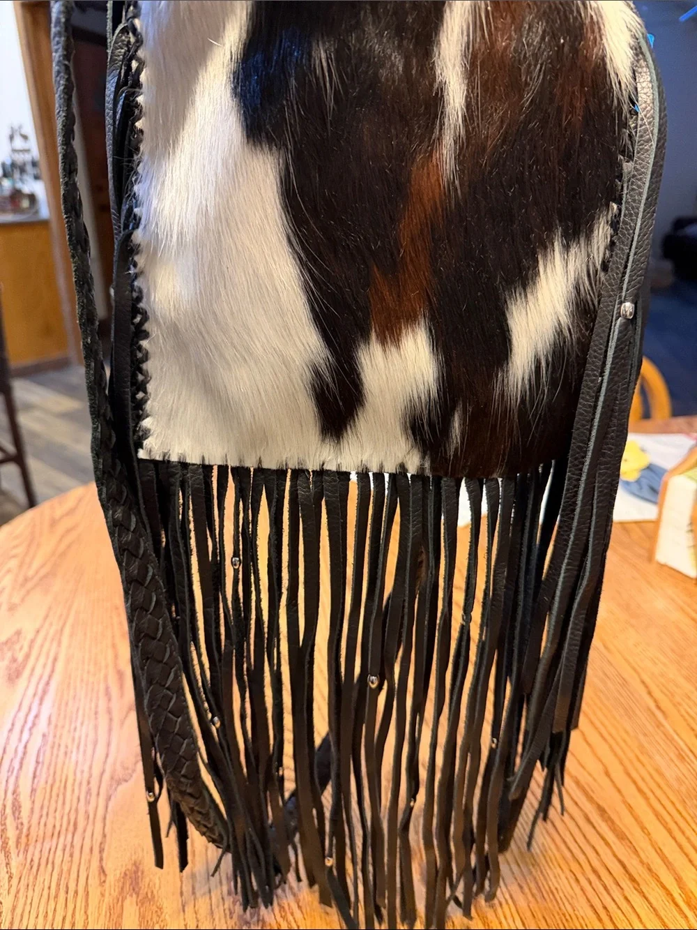 Custom- Fringed Cowhide Crossbody Bag in Black and White